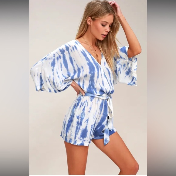 Lulus Seaside Gale Blue Tie Dye Romper Size Large - Picture 3 of 5